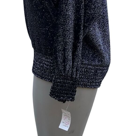 Joanna Sweater Blouse Women's Large Black Sparkly Mylar Blend Smocked Hem - Picture 11 of 16